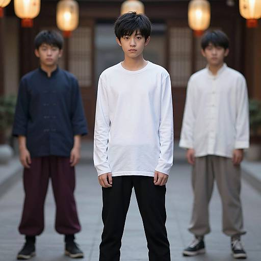 Photograph of three Asian boys in traditional Korean attire; central boy in white shirt and black pants, flanked by two in black and white outfits,