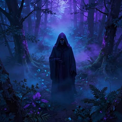 Digital art of a hooded figure with glowing eyes standing in a mystical, blue-lit forest, surrounded by ethereal fog and glowing mushrooms.