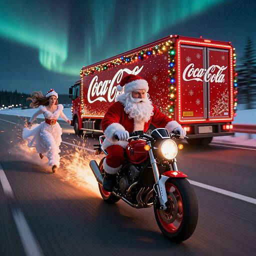 Photograph: Santa on red motorcycle, white-bearded, leading a woman in a white fur dress, chasing a festive, lit-up Coca-Cola truck