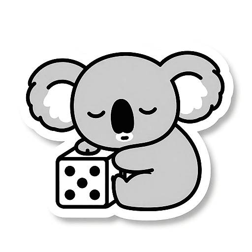 Cute digital drawing of a chibi-style koala with closed eyes, holding a dice with black dots, in a white background.