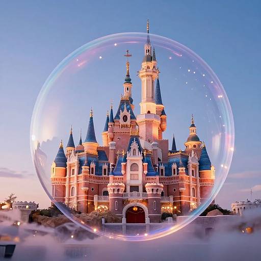Photograph of a fairy-tale castle with blue roofs, illuminated by warm lights, enclosed in a transparent glass bubble against a twilight sky.