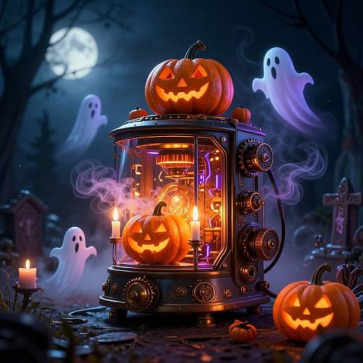 Digital artwork of a glowing, steampunk-style lantern with carved pumpkins, surrounded by ghostly figures, candles, and a full moon in a