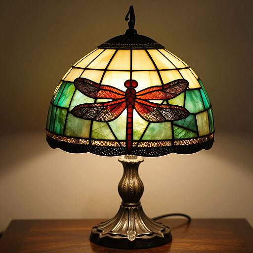 Photograph of a stained glass dragonfly lamp with a brass base, glowing warmly, sitting on a wooden surface against a neutral background.