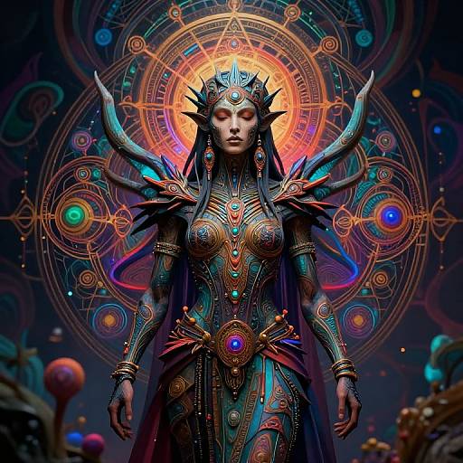 Digital fantasy artwork of a regal, armored, ethereal woman with glowing eyes, intricate jewelry, and ornate wings, set against a vibrant,
