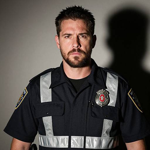 Photograph of a serious, bearded male police officer with short dark hair, wearing a black uniform with silver reflective stripes and department badge, against a