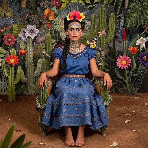 Digital painting of a woman with dark skin, blue dress, flower crown, and intricate jewelry, seated on a cactus chair, surrounded by vibrant c