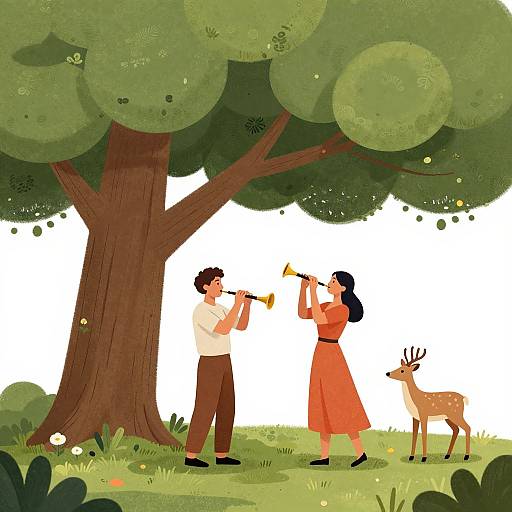 Illustration of a man and woman, both wearing 1950s-style clothing, standing under a large tree, blowing a horn and whistle, with