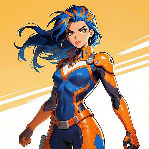 Digital anime-style illustration of a confident woman with blue hair, wearing an orange and blue form-fitting superhero suit, against a yellow and white gradient background