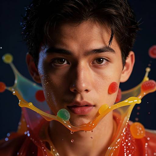 Photograph of a young man with short black hair, fair skin, and serious expression, surrounded by colorful, translucent, jelly-like orbs against a dark