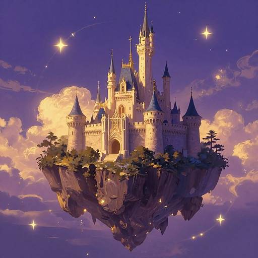 Digital painting of a magical floating castle with tall spires, illuminated by starlight, surrounded by fluffy clouds and glowing against a purple sky.