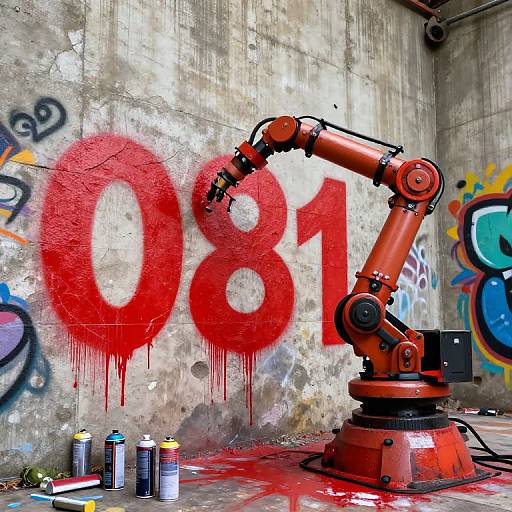 Robot Arm Creating Red Graffiti Art