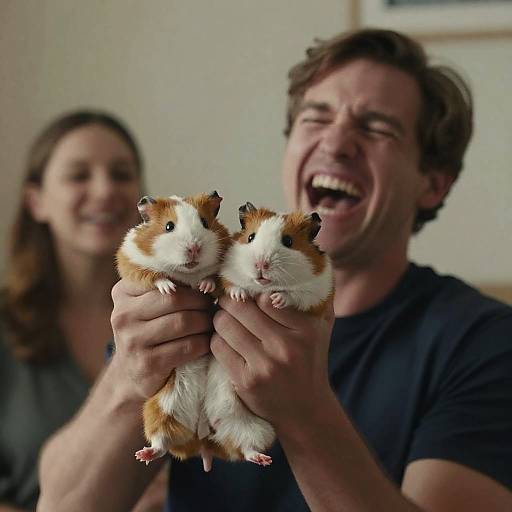 Photograph of a smiling man holding two fluffy, brown-and-white hamsters, with a blurred woman in the background. Man's dark shirt contrasts with