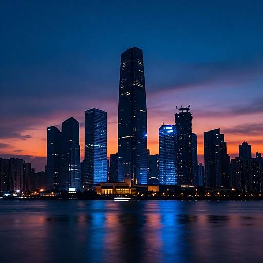 Photograph of a city skyline at twilight, featuring dark skyscrapers with blue and orange-lit windows, reflecting on a calm water surface, under