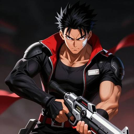 Muscular anime man with black spiky hair, red jacket, black shirt, and bandage on cheek, gripping a glowing gun, intense red and