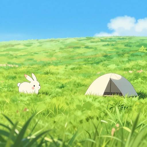 Anime Style Grass Field with Camping Tent and Bunny