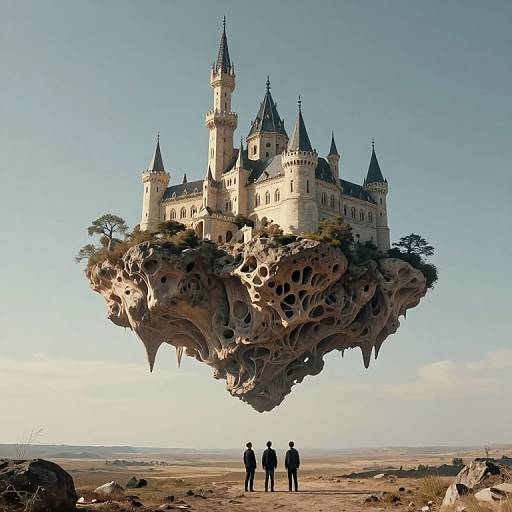 Photorealistic digital artwork of a floating, fairy-tale castle with multiple turrets, perched on a rocky, cavernous island; three sil