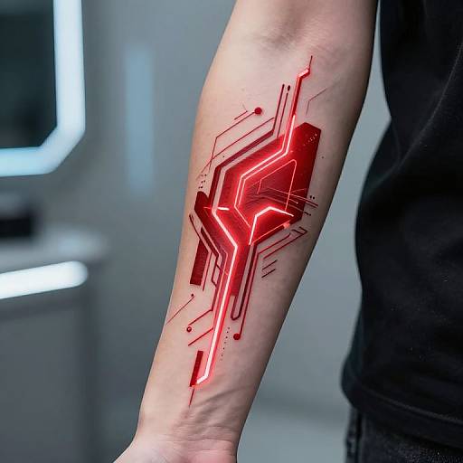 Photograph of a person's arm with a glowing, red, futuristic circuit tattoo, illuminated against a blurred, modern indoor background.