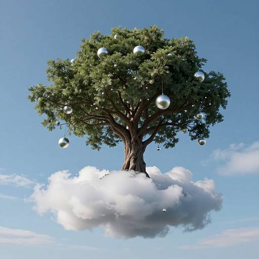 Digital art: lush green tree with silver bubbles floating above a fluffy white cloud, set against a clear blue sky.