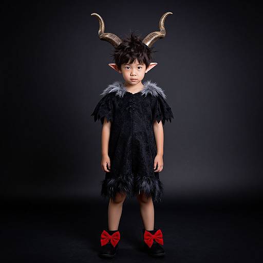 Photograph of a young boy with black spiky hair, large horns, elf ears, black furry dress, gray fur collar, red bows on black
