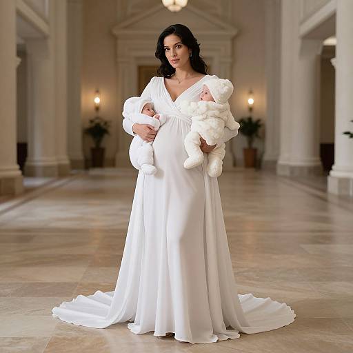 Photograph of a pregnant woman with long black hair wearing a white, off-the-shoulder gown, holding a swaddled baby in a grand