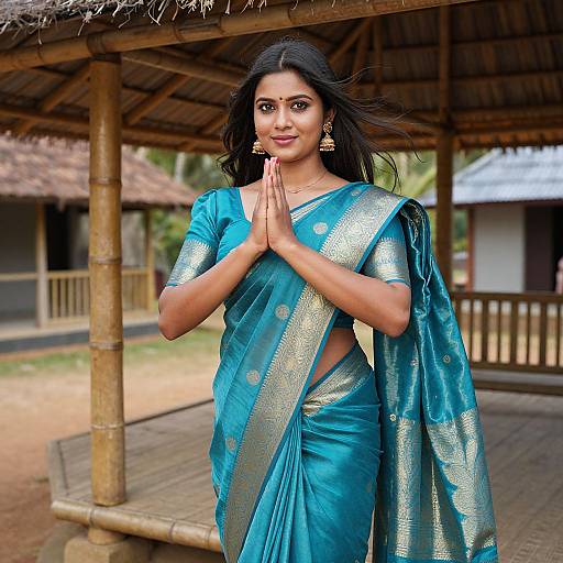 Photograph of an Indian woman with dark hair, wearing a blue and gold sari, standing with hands in prayer under a bamboo gazebo.