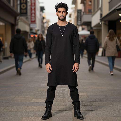 Photograph of a bearded man with curly black hair, wearing a long black shirt, black pants, and boots, standing confidently on a bustling city