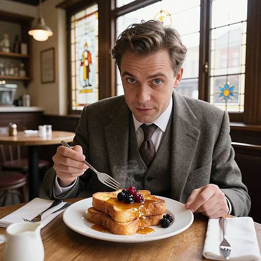 Gentleman Enjoying French Toast in Vintage Café