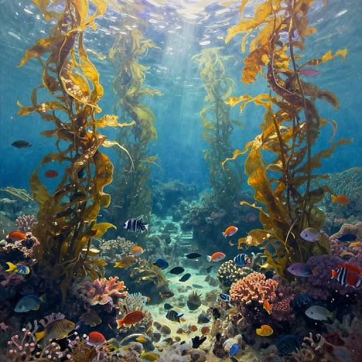 Vibrant underwater photograph of a coral reef with yellow seaweed, colorful fish, and various corals, illuminated by sunlight filtering through the water.