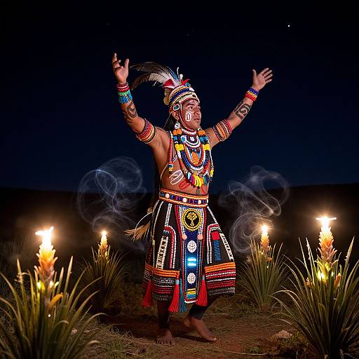 Photograph of a Native American dancer in vibrant traditional attire, arms raised, illuminated by torches at night, surrounded by agave plants.