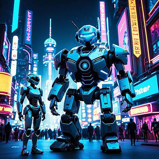 Futuristic Robots in Neon Cyberpunk City