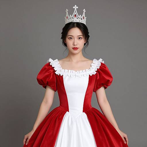 Photograph of an Asian woman with fair skin, wearing a red and white princess dress with puffed sleeves, and a silver tiara, standing against