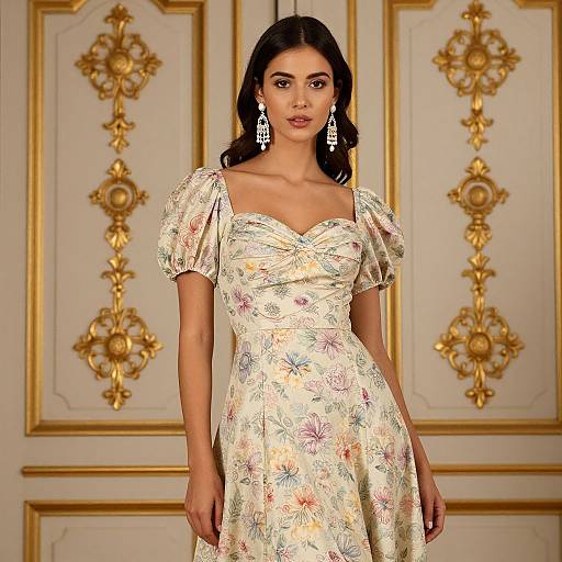 Photograph of a woman with dark hair, wearing a floral, puffed-sleeve, cream dress, and large white earrings, standing in front