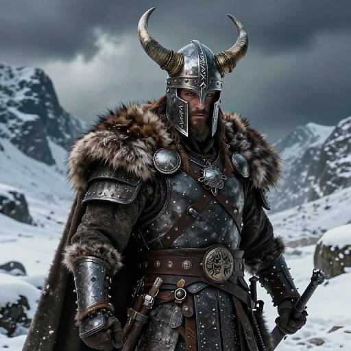 Digital artwork of a Viking warrior in ornate steel armor with horns, fur cloak, and snow-covered mountainous background under dark clouds.
