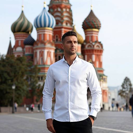 Photograph of a handsome man with short dark hair in a white button-up shirt, standing in front of the colorful, onion-domed Kremlin in Moscow