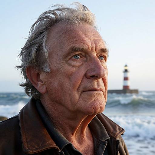 Photograph of an elderly man with gray hair and weathered skin, wearing a brown jacket, gazing at a distant lighthouse on a windy seaside