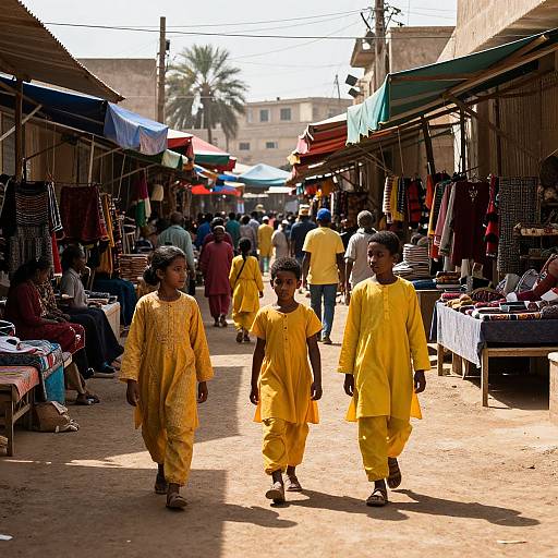 Photograph of three young boys in bright yellow traditional African attire walking through a bustling, sunlit outdoor market with colorful stalls, vendors, and palm trees