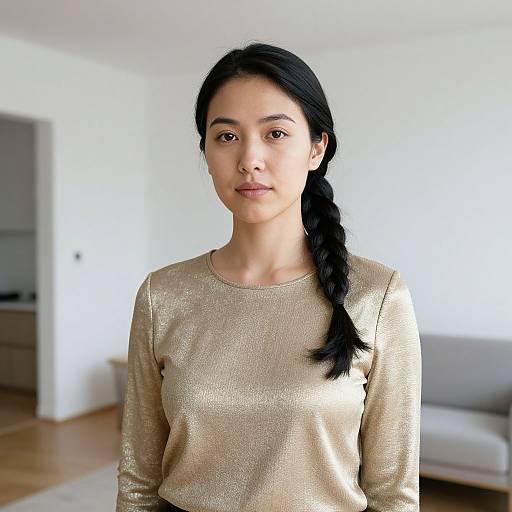 Photograph of an Asian woman with long black hair in a braid, wearing a gold shimmer long-sleeve top, standing in a bright,