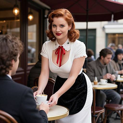 Photograph of a red-haired woman with vintage-style makeup and a white blouse with red ribbon, serving coffee at an outdoor café. Blurred patrons and