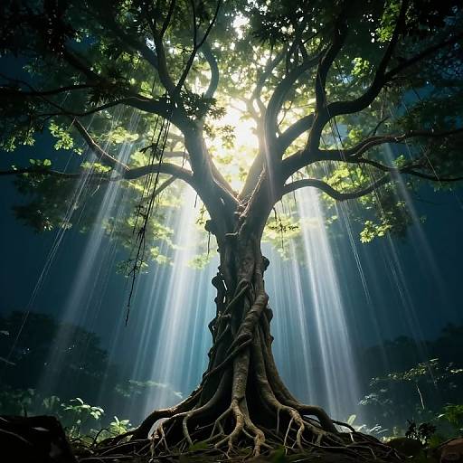 Inverted Colossal Tree Under Luminous Sky