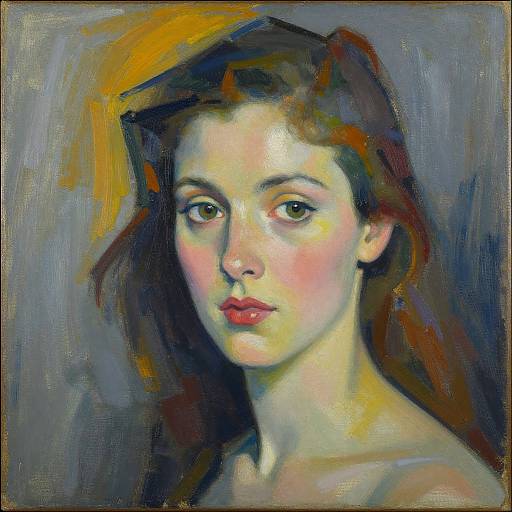 Impressionist-style oil painting of a young woman with fair skin, red lips, and brown hair, set against a multicolored abstract background.