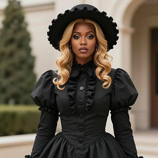 Black Woman in Victorian-Style Black Dress and Hat