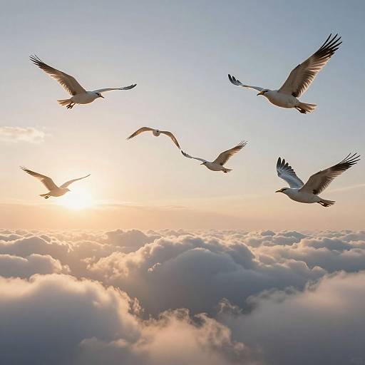 Photograph of six white birds in flight above a sea of fluffy, golden-hued clouds at sunrise, with the sun glowing softly in the background.