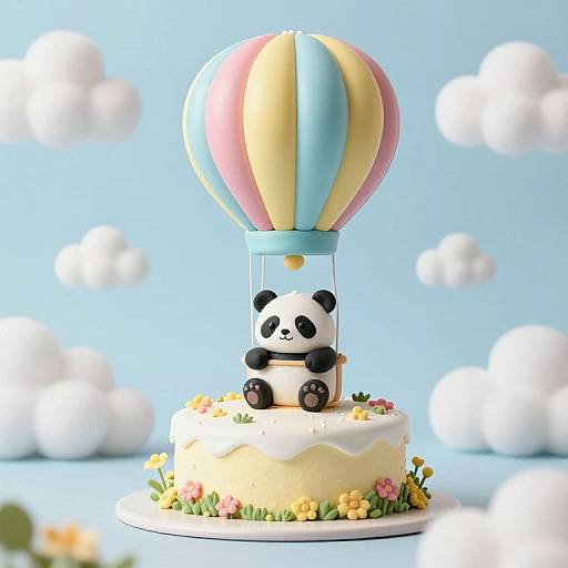 Cute digital photo of a panda cake topper sitting on a yellow cake, under a colorful balloon, with white clouds.