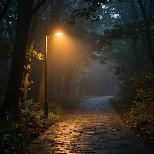 Photograph of a misty, dimly lit forest path at night, illuminated by a glowing orange street lamp on the left.