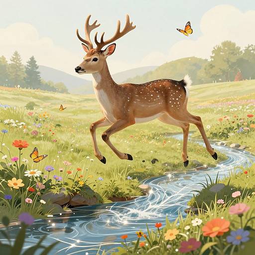 Digital painting of a graceful deer with antlers leaping across a sunlit meadow, surrounded by colorful flowers, a flowing stream, and fluttering