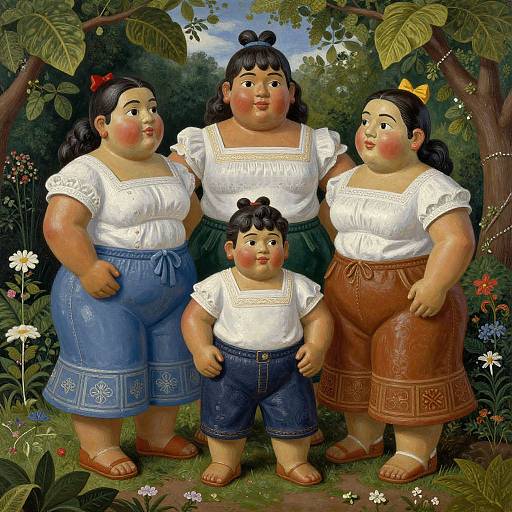 Digital painting of four chubby, smiling Latino children with dark hair, wearing white shirts and colorful embroidered shorts, standing in a lush, floral garden.