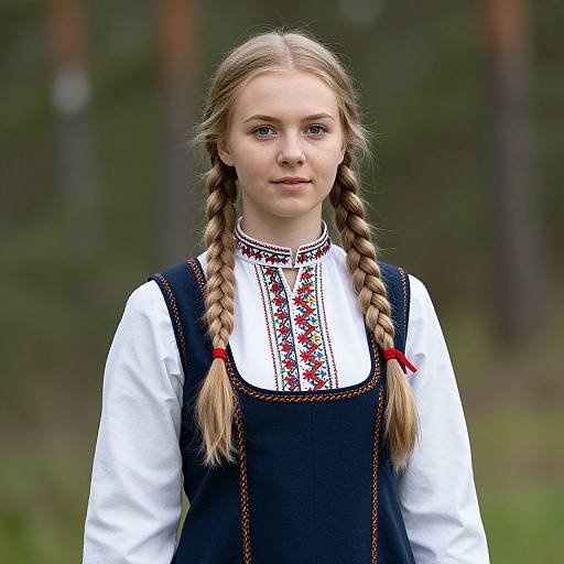 Photograph of a young blonde girl with braided hair, wearing a white blouse with red and black embroidery, and a black pinafore dress,