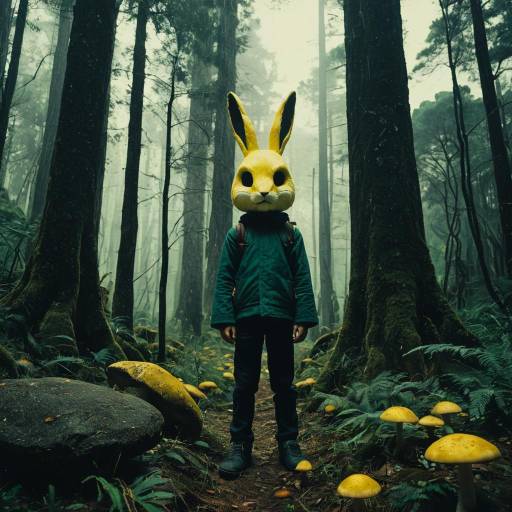 Child in Rabbit Mask in Mystical Forest