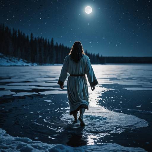Person Walking on Frozen Lake Under Moonlight