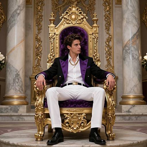 Photorealistic image of a handsome man with curly brown hair, wearing a black velvet jacket, white pants, and black boots, seated on an orn